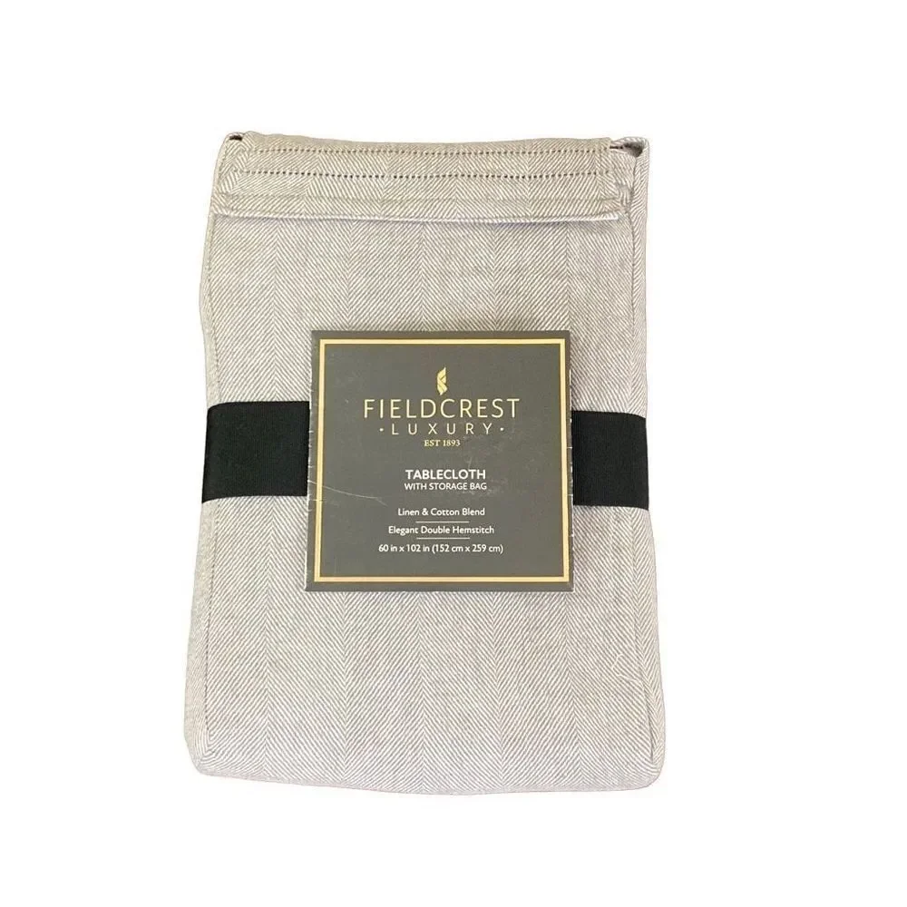 NWT Fieldcrest Luxury Linen Cotton Dark Grey Tablecloth + Storage Bag 60x102